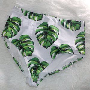 White with Green Palm Leaves High-Waist Bikini Bottom - Size Medium